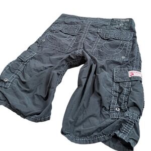 True Religion Section Surf Board Shorts Mens 33 Black Cargo Swim Trunks Stitch